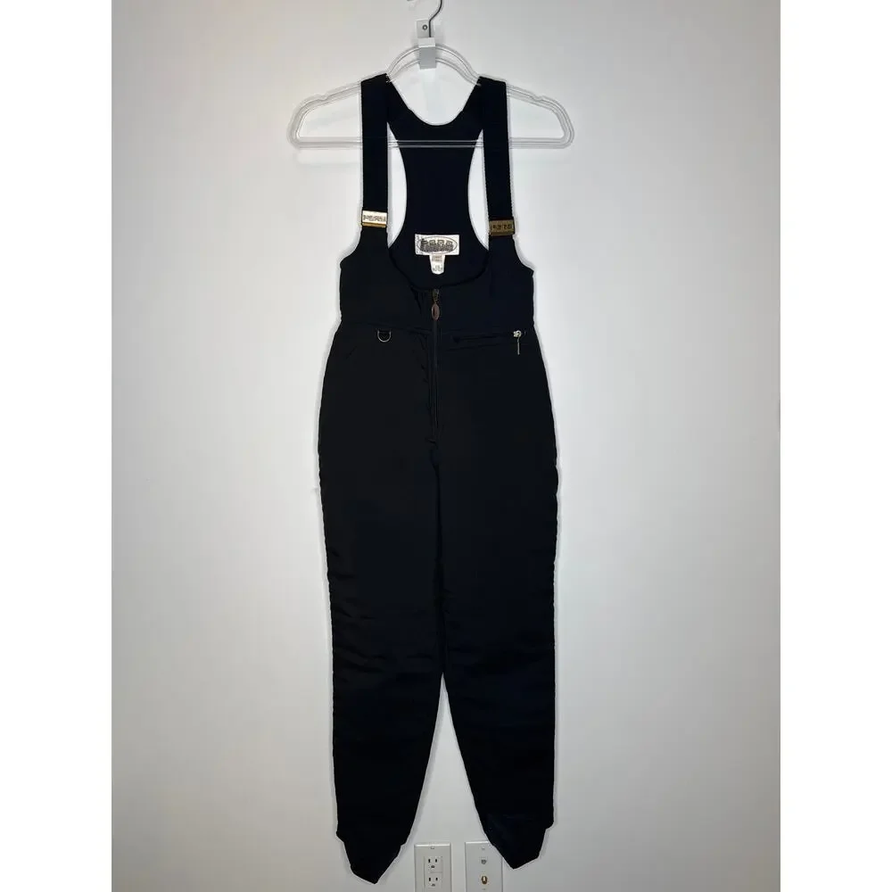 Vintage 1980s–90s Fera Black Quilted Ski Bib Overalls with stirrups 4 petite